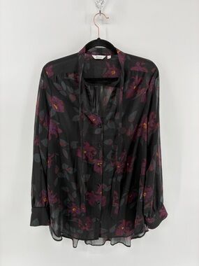 Sheer Black Floral Button-Down Blouse Open Neck w Tie